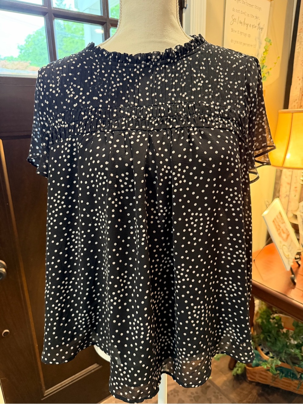 torrid Black and White Polka Dot Ruffle Neck Blouse
